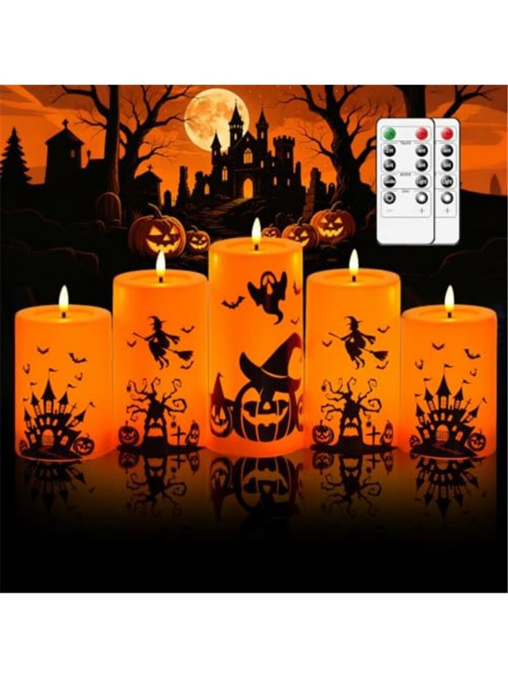 5 Pack Halloween Flameless LED Pillar Candles, Orange Plastic Battery Operated